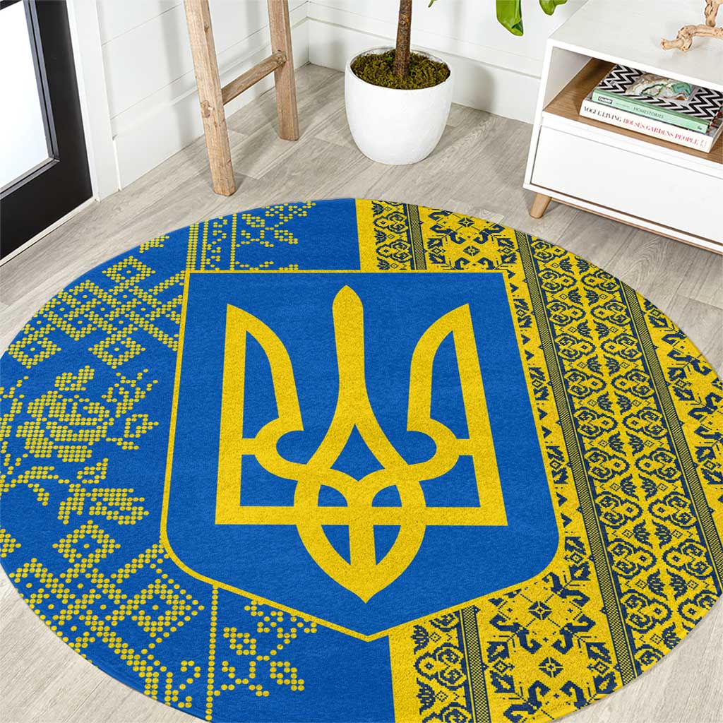 Ukrainian Flag Colors Round Carpet with Trident Crest and Traditional Folk Pattern