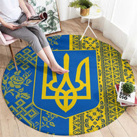 Ukrainian Flag Colors Round Carpet with Trident Crest and Traditional Folk Pattern