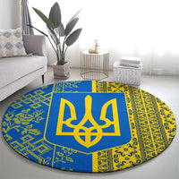 Ukrainian Flag Colors Round Carpet with Trident Crest and Traditional Folk Pattern