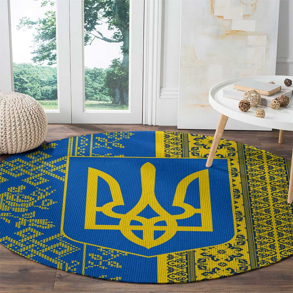 Ukrainian Flag Colors Round Carpet with Trident Crest and Traditional Folk Pattern