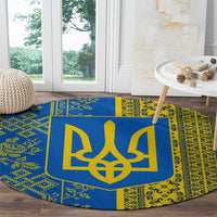 Ukrainian Flag Colors Round Carpet with Trident Crest and Traditional Folk Pattern