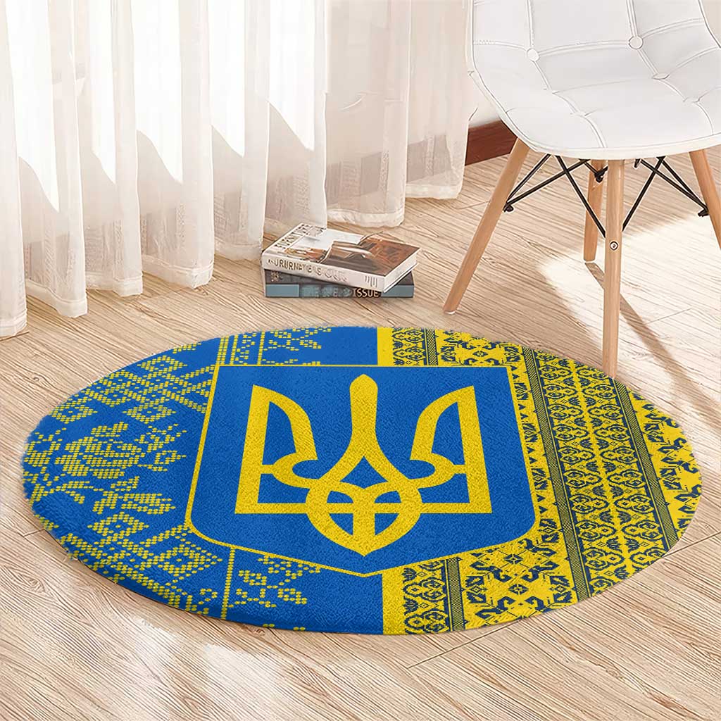 Ukrainian Flag Colors Round Carpet with Trident Crest and Traditional Folk Pattern