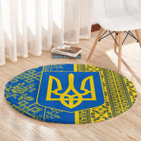 Ukrainian Flag Colors Round Carpet with Trident Crest and Traditional Folk Pattern