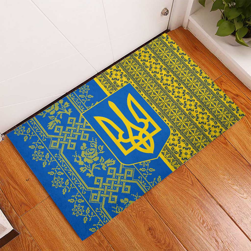 Ukrainian Flag Colors Rubber Doormat with Trident Crest and Traditional Folk Pattern