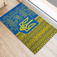Ukrainian Flag Colors Rubber Doormat with Trident Crest and Traditional Folk Pattern