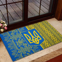 Ukrainian Flag Colors Rubber Doormat with Trident Crest and Traditional Folk Pattern