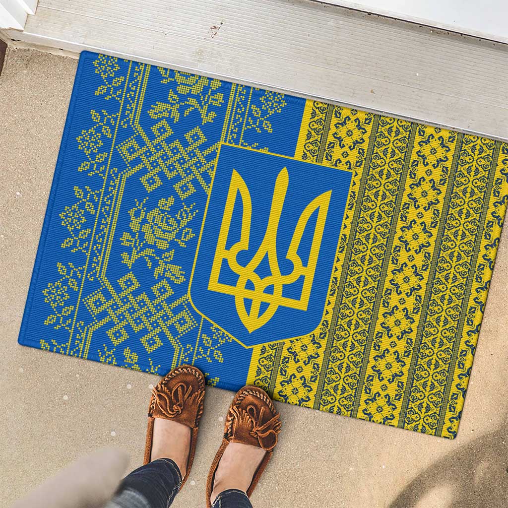 Ukrainian Flag Colors Rubber Doormat with Trident Crest and Traditional Folk Pattern