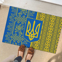 Ukrainian Flag Colors Rubber Doormat with Trident Crest and Traditional Folk Pattern