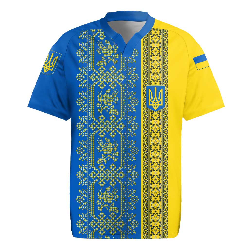 Ukrainian Flag Colors Rugby Jersey with Trident Crest and Traditional Folk Pattern