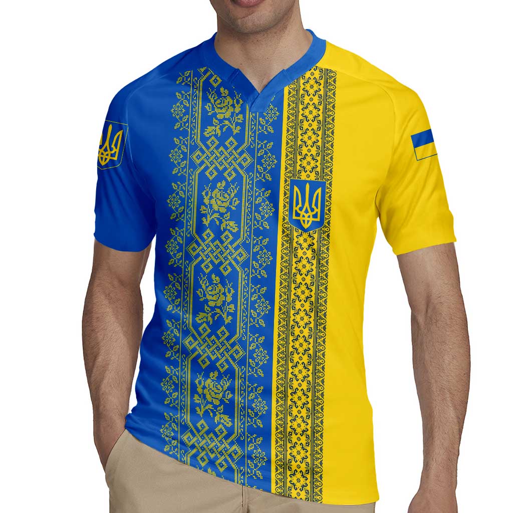 Ukrainian Flag Colors Rugby Jersey with Trident Crest and Traditional Folk Pattern