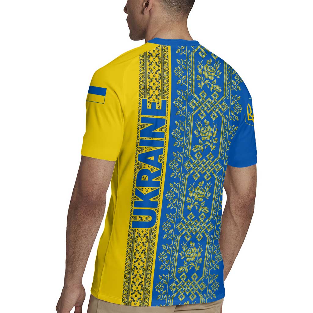 Ukrainian Flag Colors Rugby Jersey with Trident Crest and Traditional Folk Pattern