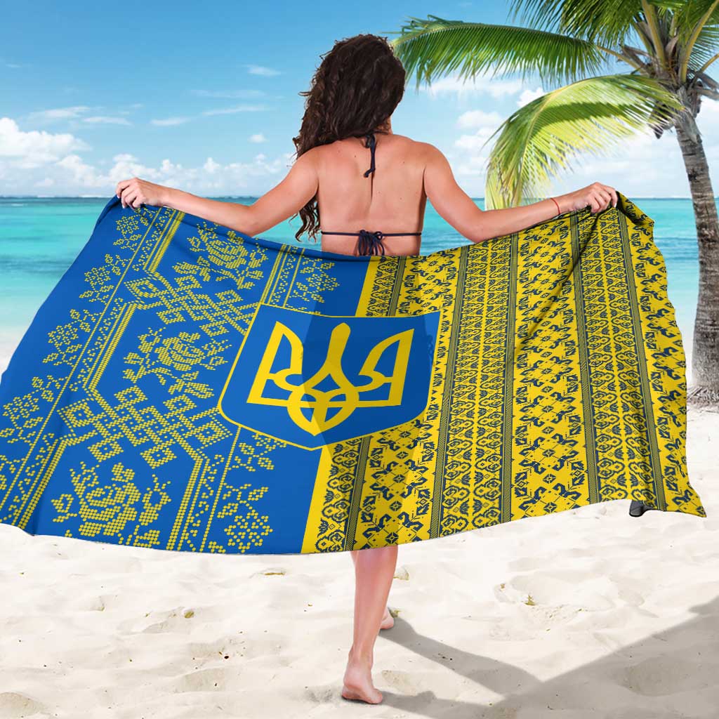Ukrainian Flag Colors Sarong with Trident Crest and Traditional Folk Pattern