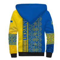 Ukrainian Flag Colors Sherpa Hoodie with Trident Crest and Traditional Folk Pattern