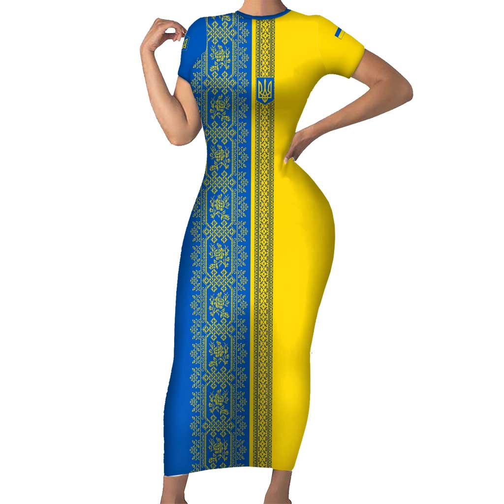 Ukrainian Flag Colors Short Sleeve Bodycon Dress with Trident Crest and Traditional Folk Pattern