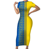 Ukrainian Flag Colors Short Sleeve Bodycon Dress with Trident Crest and Traditional Folk Pattern