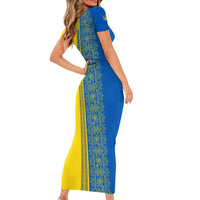 Ukrainian Flag Colors Short Sleeve Bodycon Dress with Trident Crest and Traditional Folk Pattern