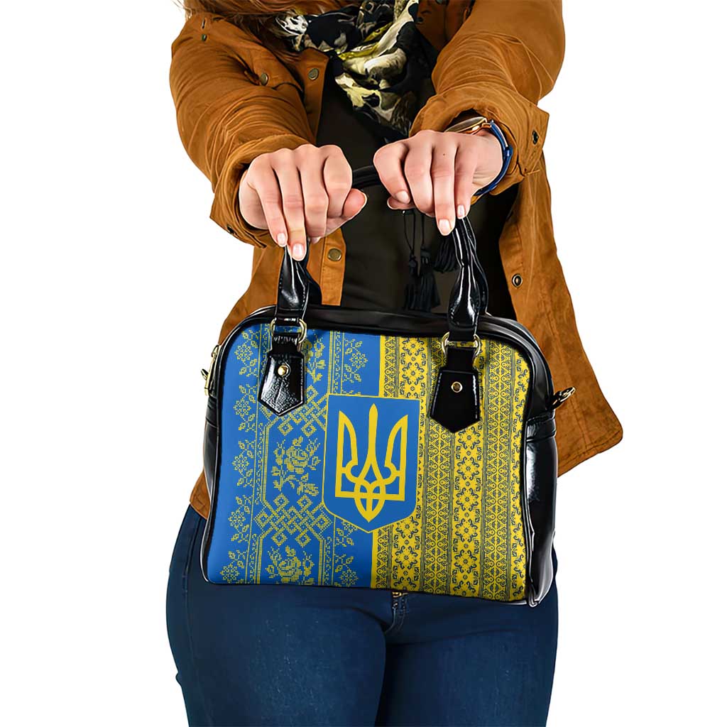 Ukrainian Flag Colors Shoulder Handbag with Trident Crest and Traditional Folk Pattern