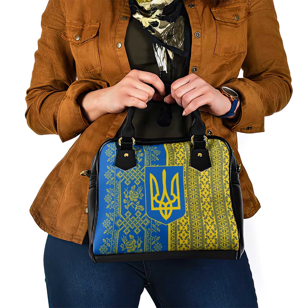 Ukrainian Flag Colors Shoulder Handbag with Trident Crest and Traditional Folk Pattern