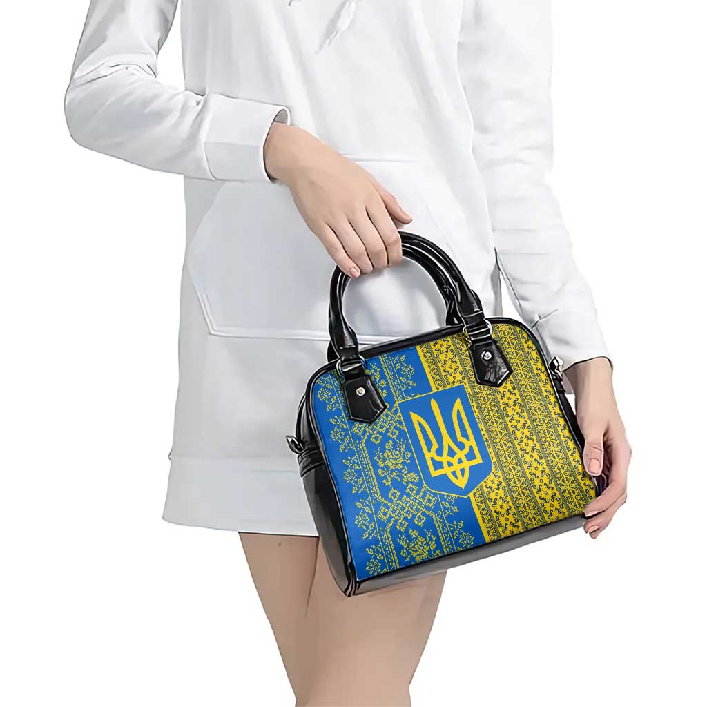 Ukrainian Flag Colors Shoulder Handbag with Trident Crest and Traditional Folk Pattern