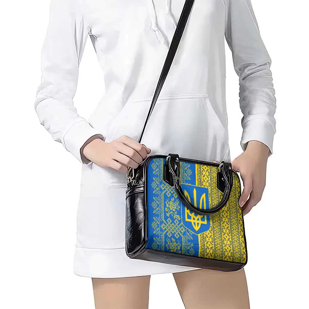 Ukrainian Flag Colors Shoulder Handbag with Trident Crest and Traditional Folk Pattern