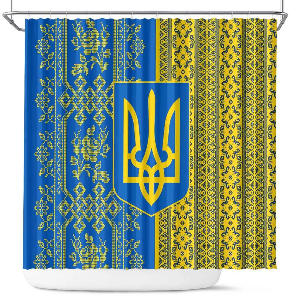 Ukrainian Flag Colors Shower Curtain with Trident Crest and Traditional Folk Pattern