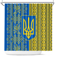 Ukrainian Flag Colors Shower Curtain with Trident Crest and Traditional Folk Pattern