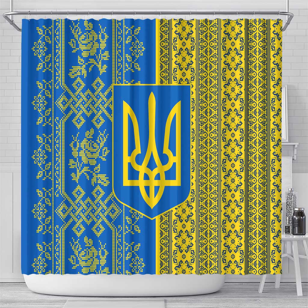 Ukrainian Flag Colors Shower Curtain with Trident Crest and Traditional Folk Pattern