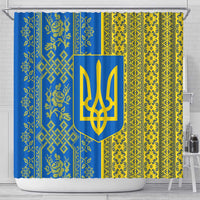 Ukrainian Flag Colors Shower Curtain with Trident Crest and Traditional Folk Pattern