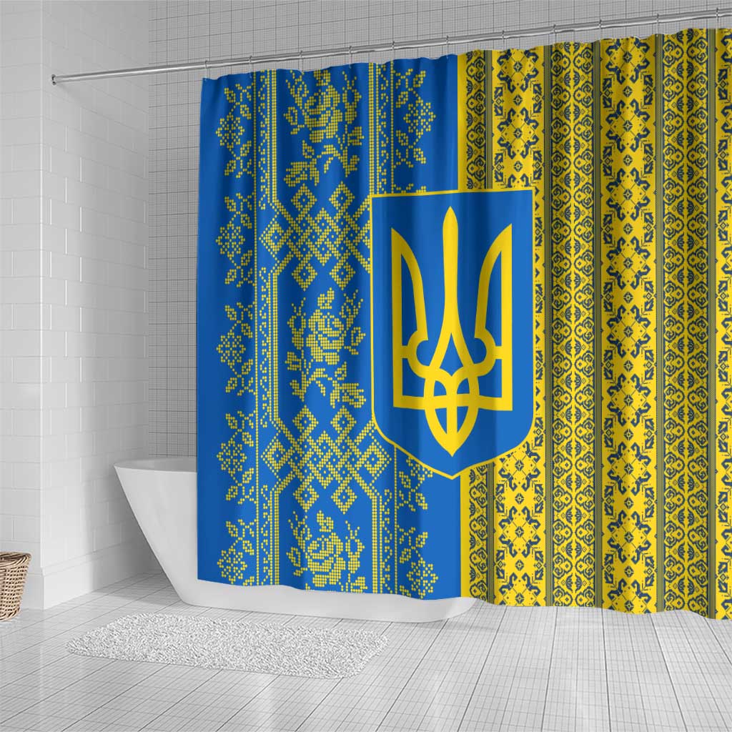 Ukrainian Flag Colors Shower Curtain with Trident Crest and Traditional Folk Pattern
