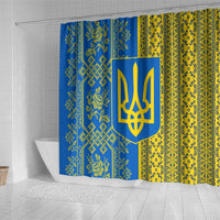 Ukrainian Flag Colors Shower Curtain with Trident Crest and Traditional Folk Pattern