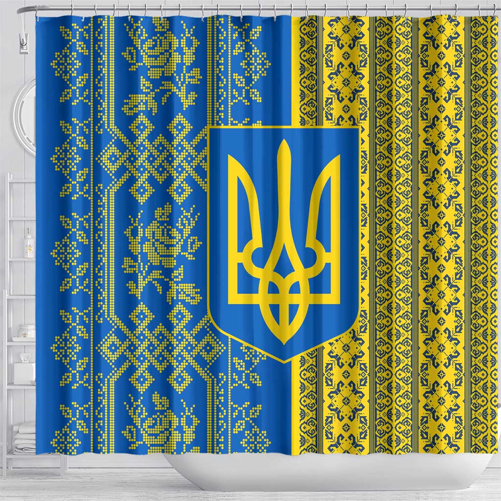 Ukrainian Flag Colors Shower Curtain with Trident Crest and Traditional Folk Pattern
