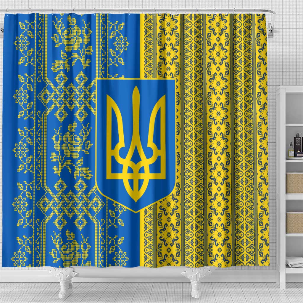 Ukrainian Flag Colors Shower Curtain with Trident Crest and Traditional Folk Pattern