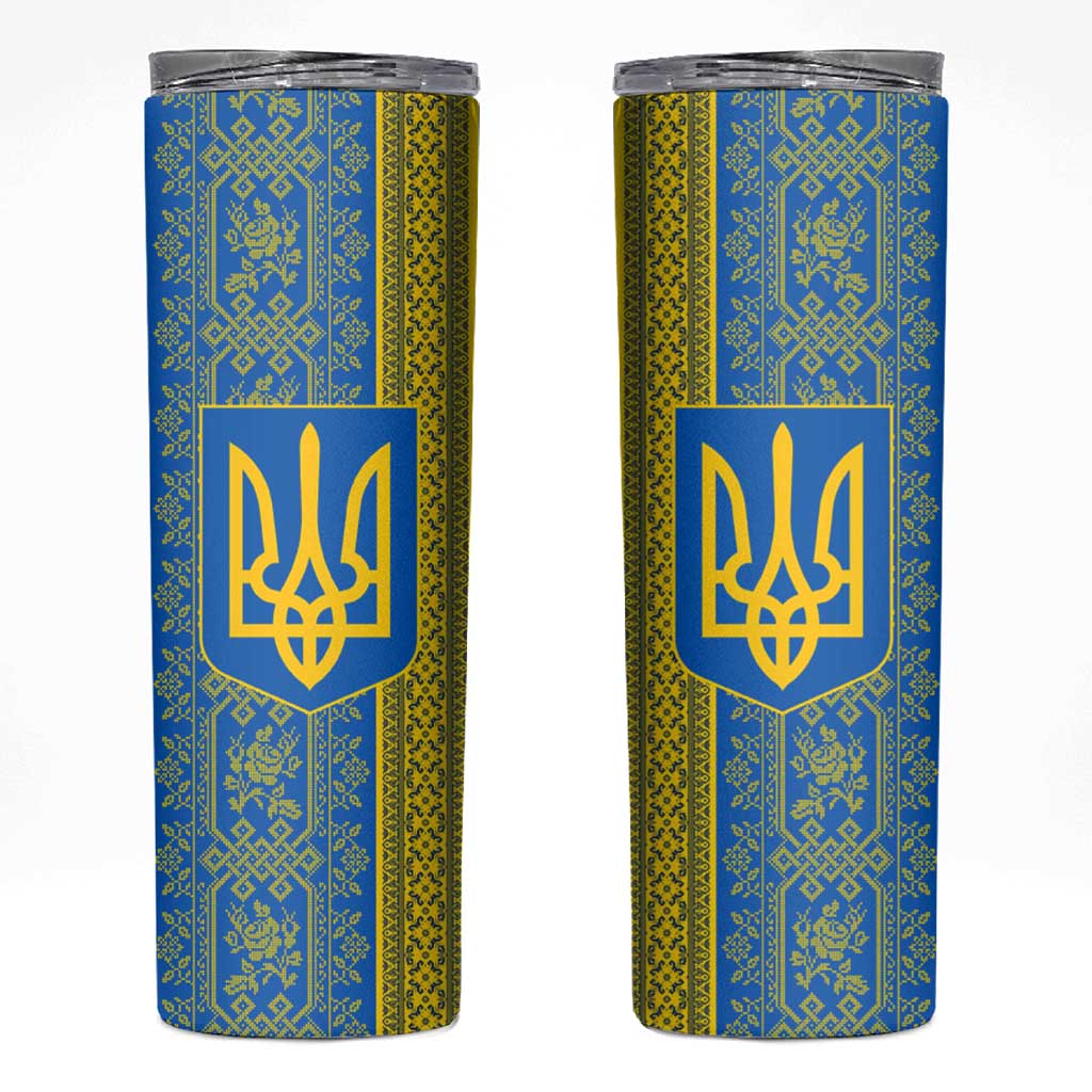 Ukrainian Flag Colors Skinny Tumbler with Trident Crest and Traditional Folk Pattern