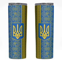 Ukrainian Flag Colors Skinny Tumbler with Trident Crest and Traditional Folk Pattern