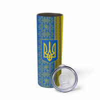 Ukrainian Flag Colors Skinny Tumbler with Trident Crest and Traditional Folk Pattern