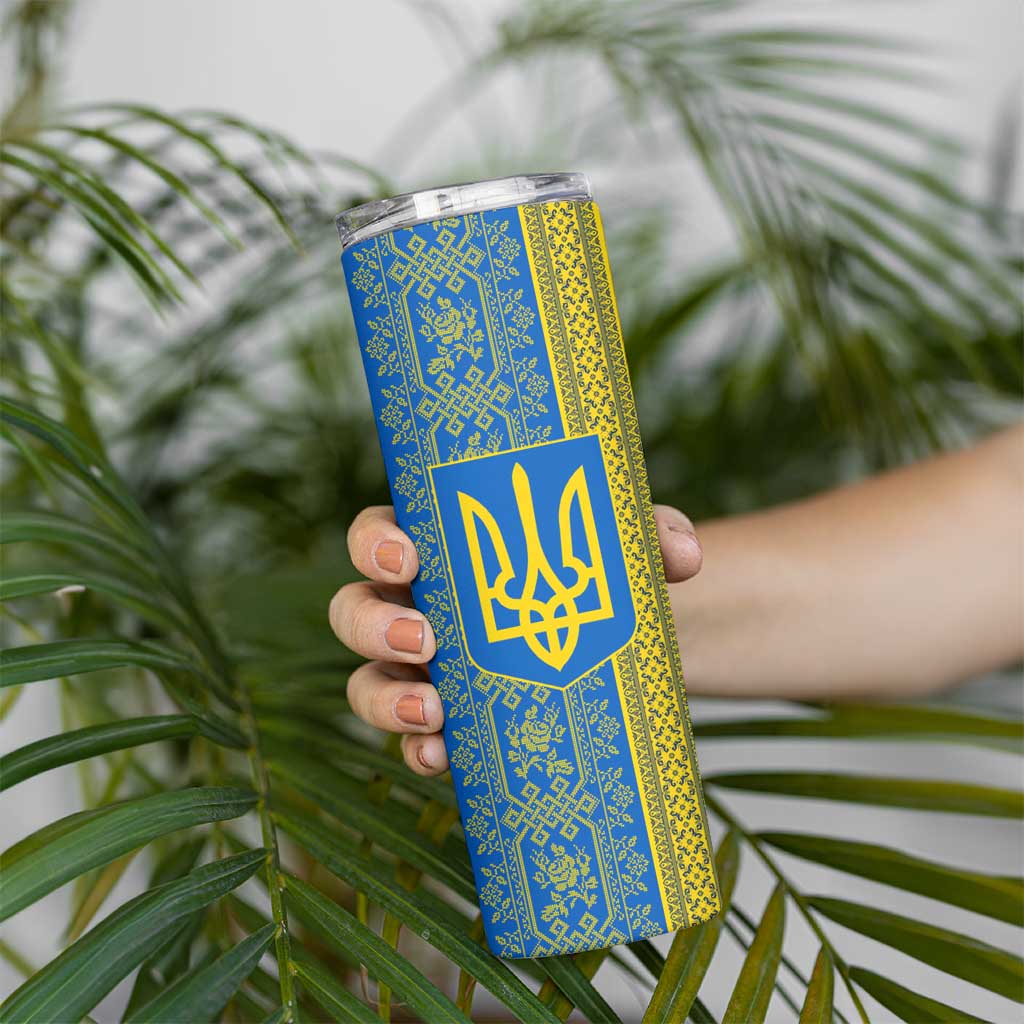 Ukrainian Flag Colors Skinny Tumbler with Trident Crest and Traditional Folk Pattern