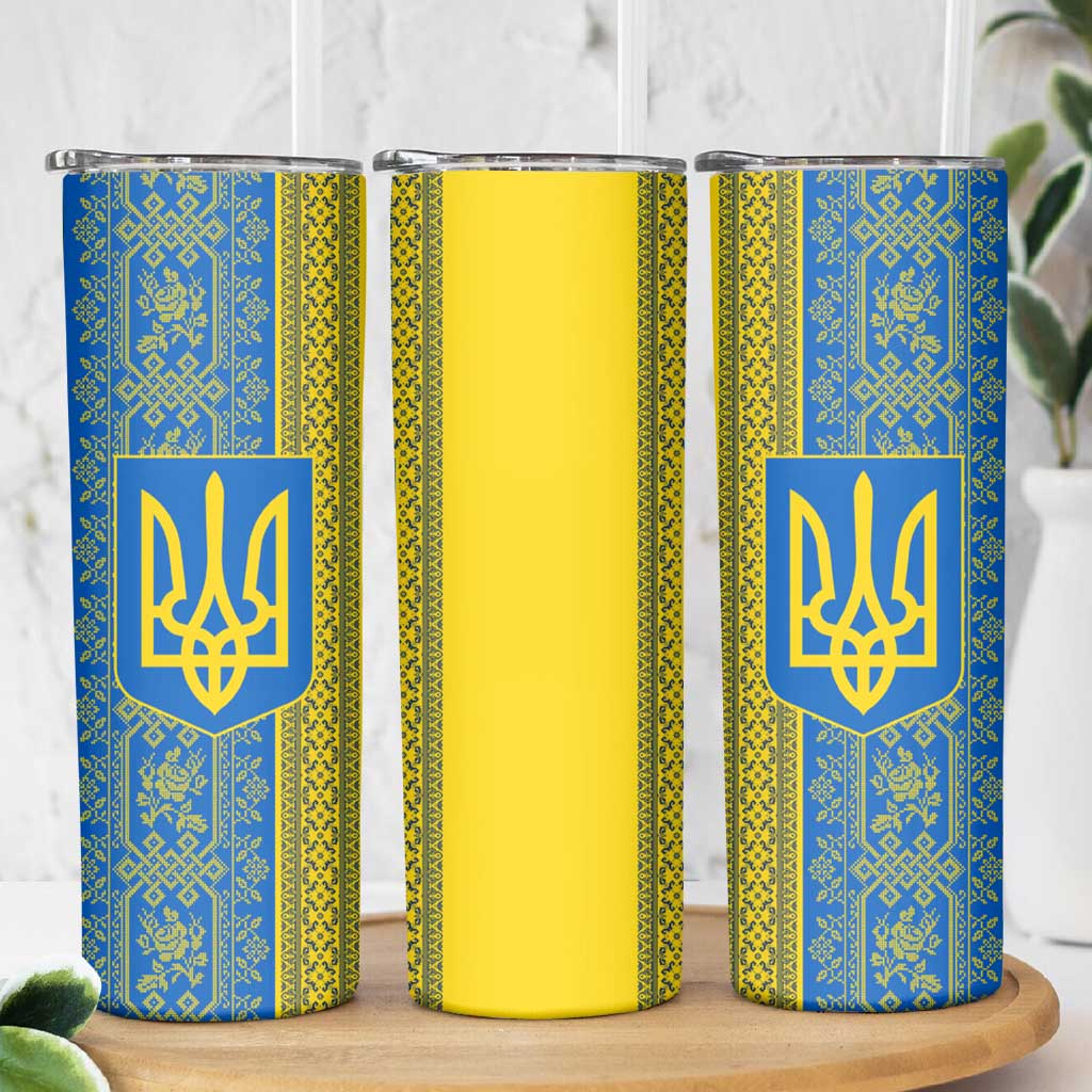 Ukrainian Flag Colors Skinny Tumbler with Trident Crest and Traditional Folk Pattern
