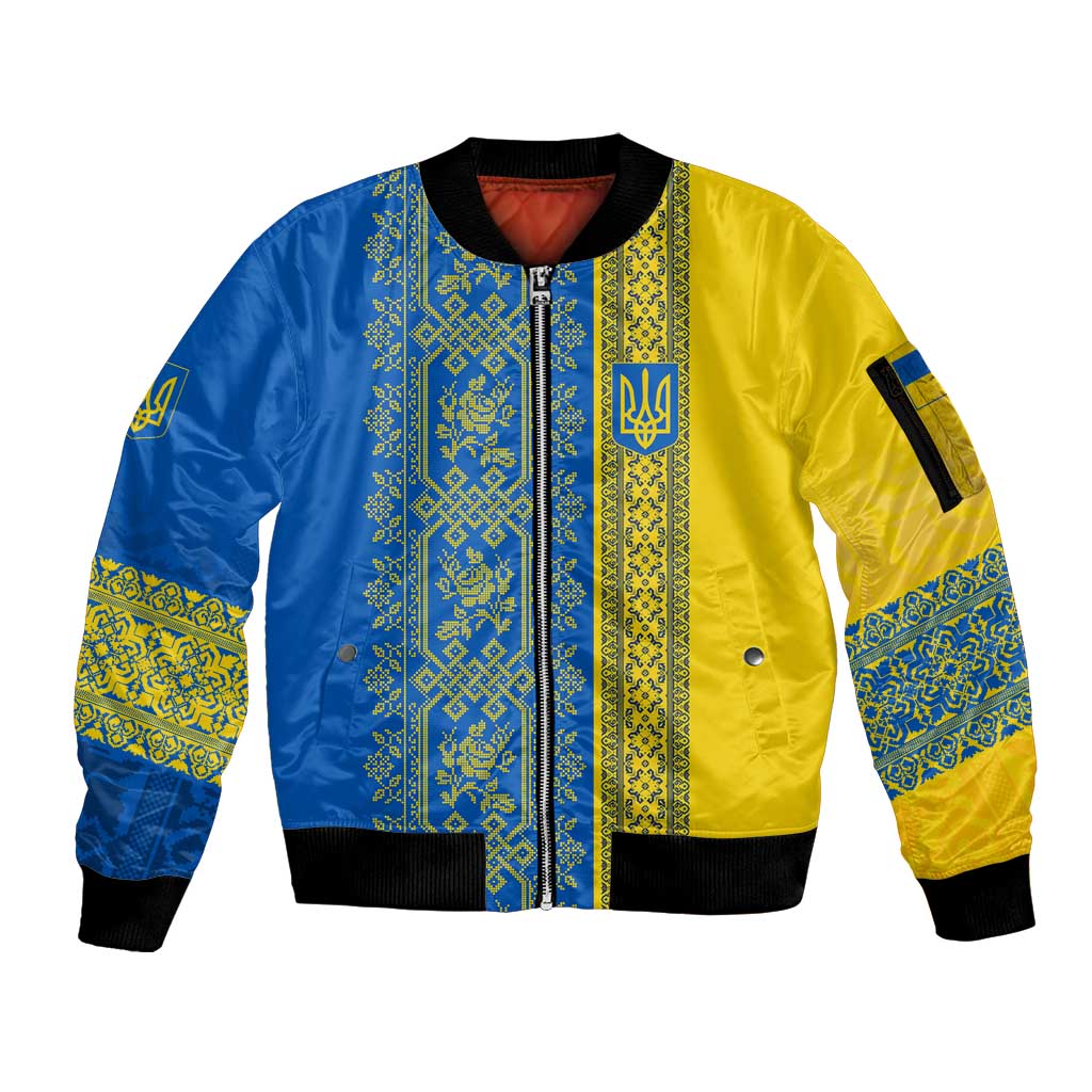 Ukrainian Flag Colors Sleeve Zip Bomber Jacket with Trident Crest and Traditional Folk Pattern