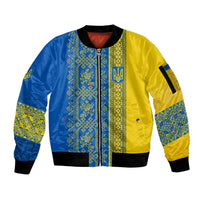 Ukrainian Flag Colors Sleeve Zip Bomber Jacket with Trident Crest and Traditional Folk Pattern