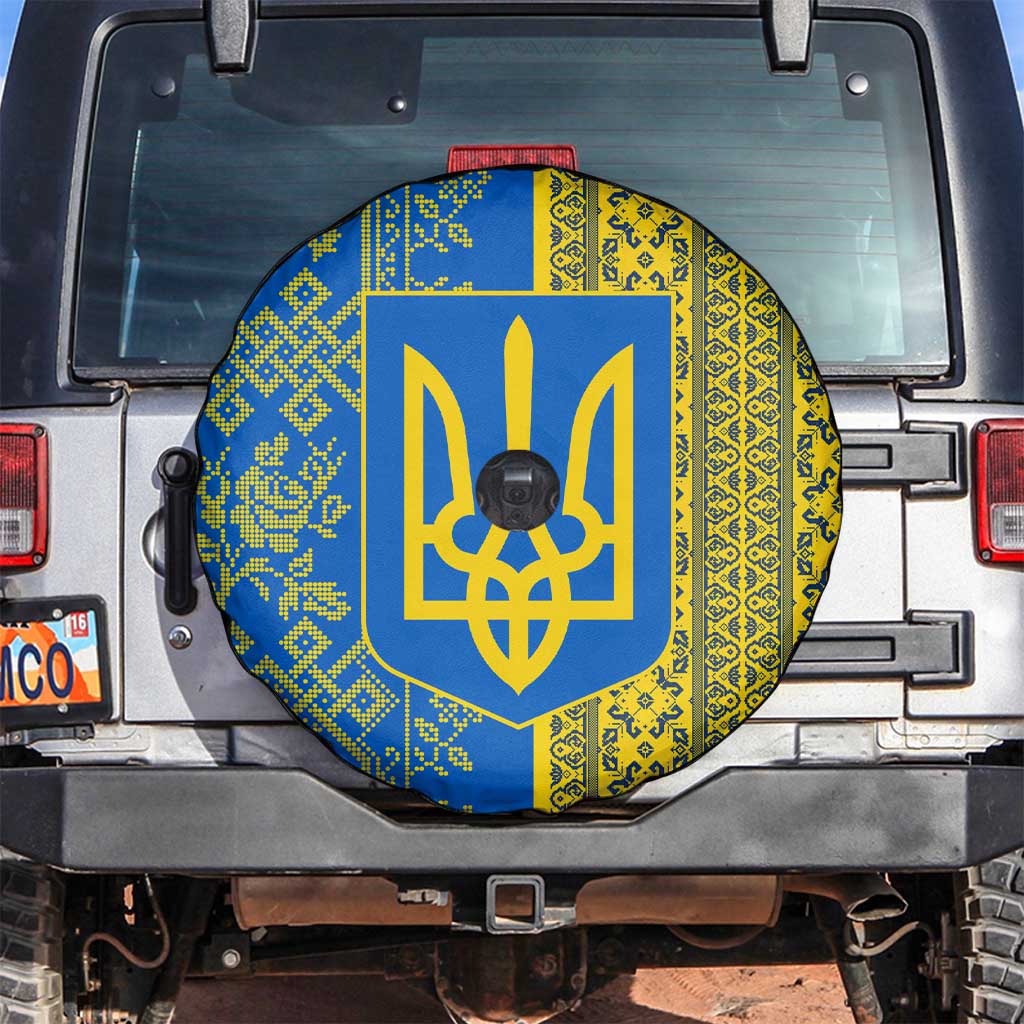 Ukrainian Flag Colors Spare Tire Cover with Trident Crest and Traditional Folk Pattern