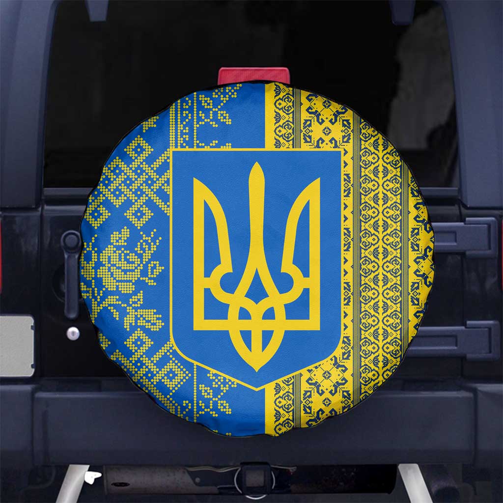 Ukrainian Flag Colors Spare Tire Cover with Trident Crest and Traditional Folk Pattern