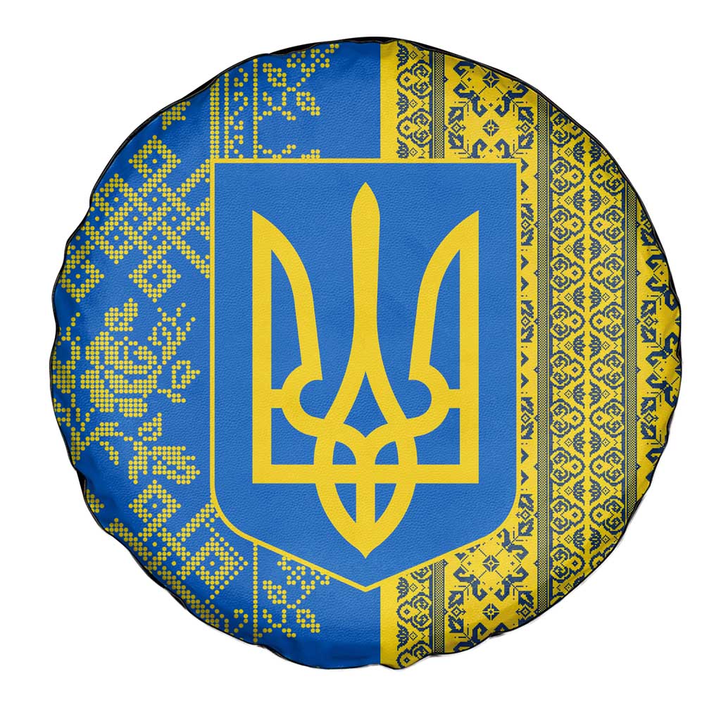 Ukrainian Flag Colors Spare Tire Cover with Trident Crest and Traditional Folk Pattern