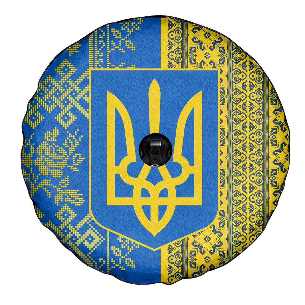 Ukrainian Flag Colors Spare Tire Cover with Trident Crest and Traditional Folk Pattern