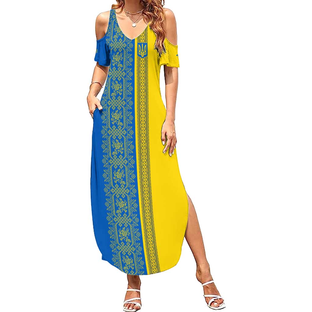 Ukrainian Flag Colors Summer Maxi Dress with Trident Crest and Traditional Folk Pattern