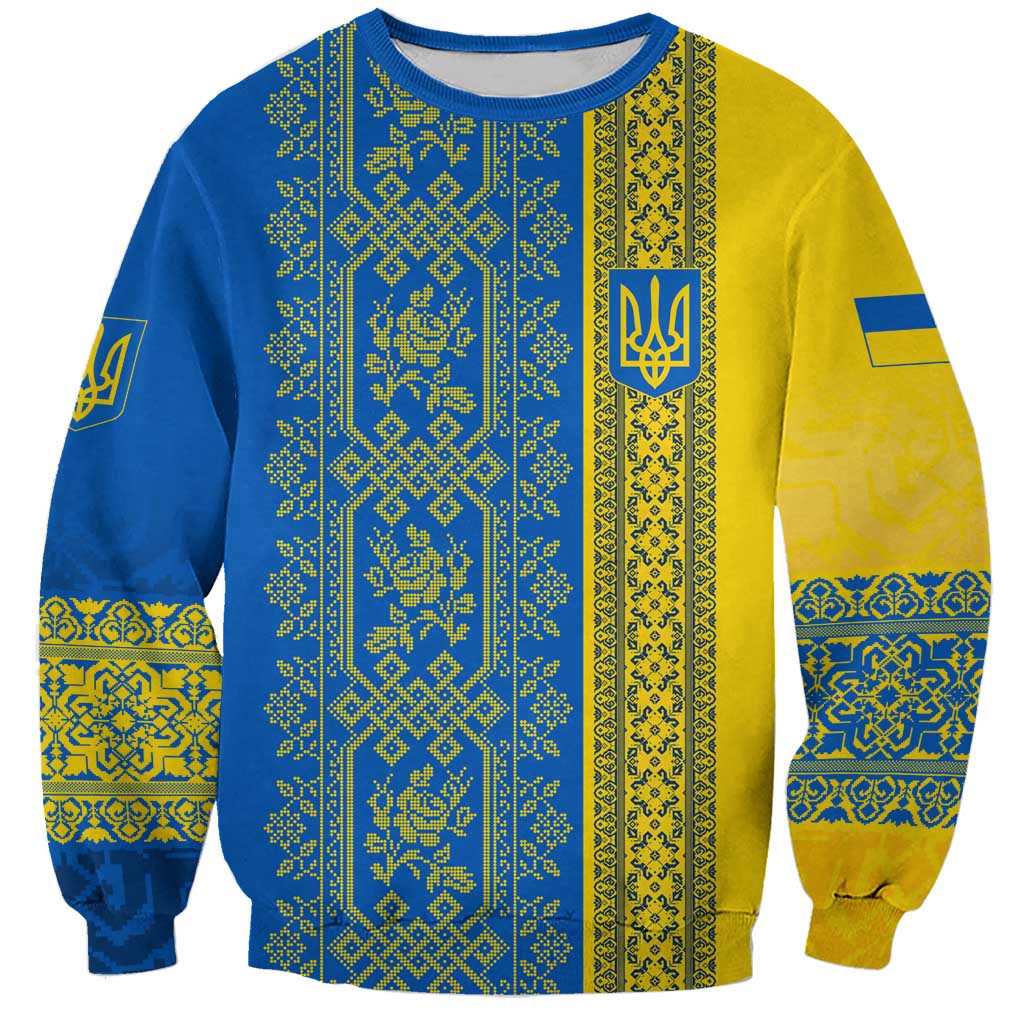 Ukrainian Flag Colors Sweatshirt with Trident Crest and Traditional Folk Pattern