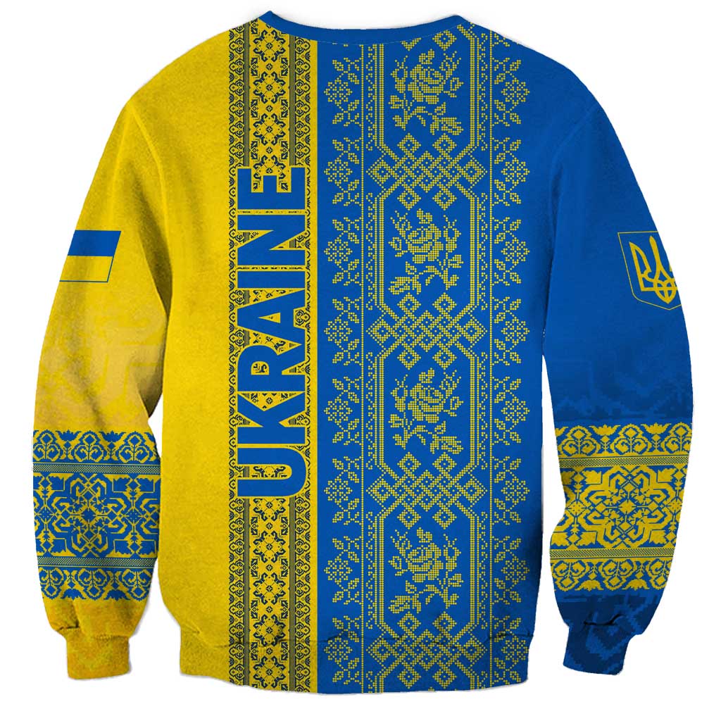 Ukrainian Flag Colors Sweatshirt with Trident Crest and Traditional Folk Pattern