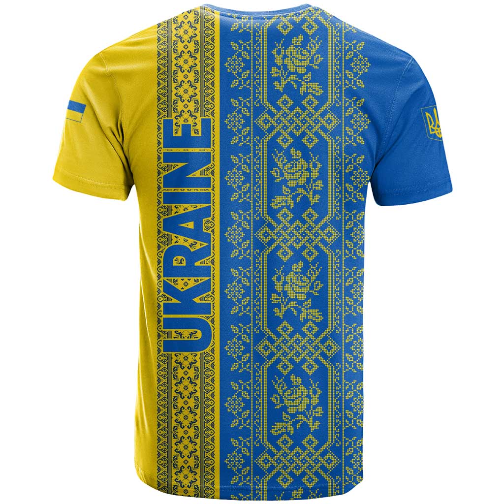 Ukrainian Flag Colors T Shirt with Trident Crest and Traditional Folk Pattern