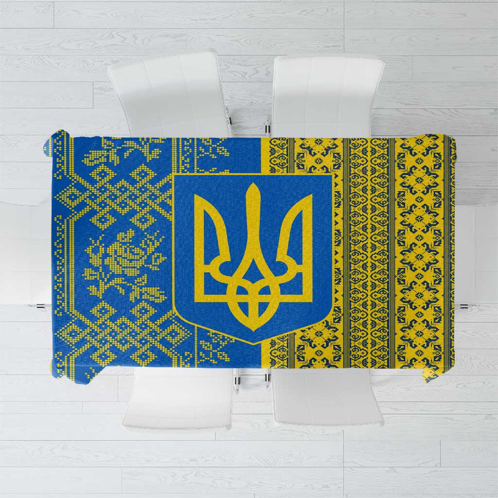 Ukrainian Flag Colors Tablecloth with Trident Crest and Traditional Folk Pattern