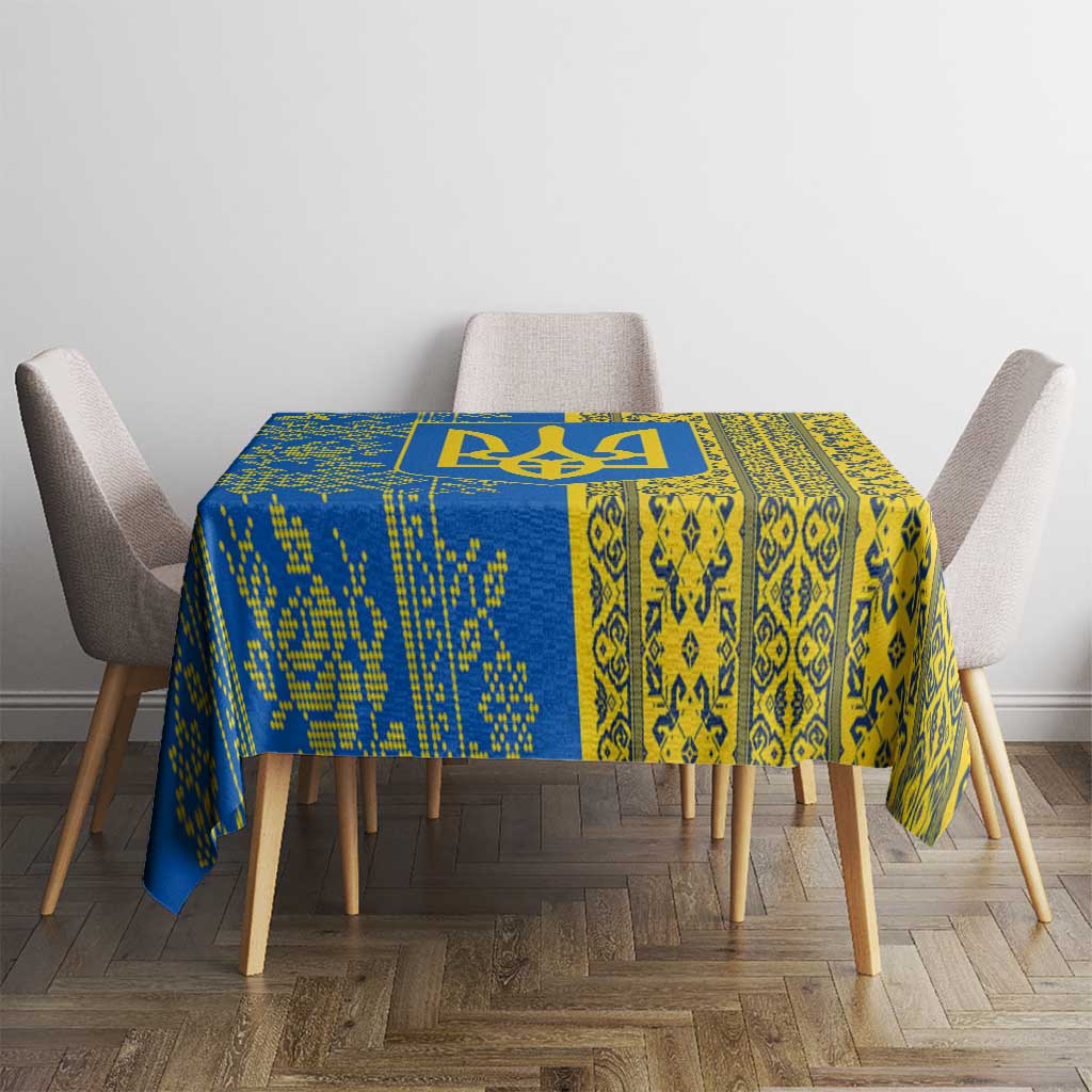 Ukrainian Flag Colors Tablecloth with Trident Crest and Traditional Folk Pattern