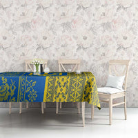 Ukrainian Flag Colors Tablecloth with Trident Crest and Traditional Folk Pattern